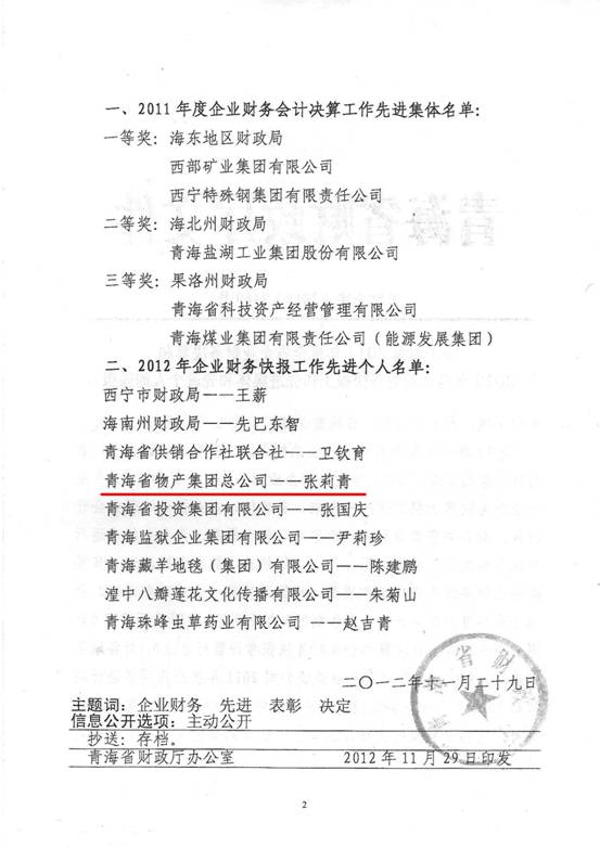 物產(chǎn)集團榮獲2011年度財務決算先進單位、2012年度財務快報工作先進個人表彰
